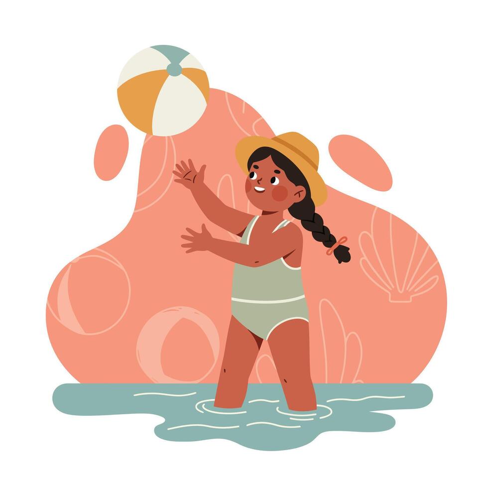 Girl playing with beach ball in shallow water wearing hat and swimsuit summer activity scene vector