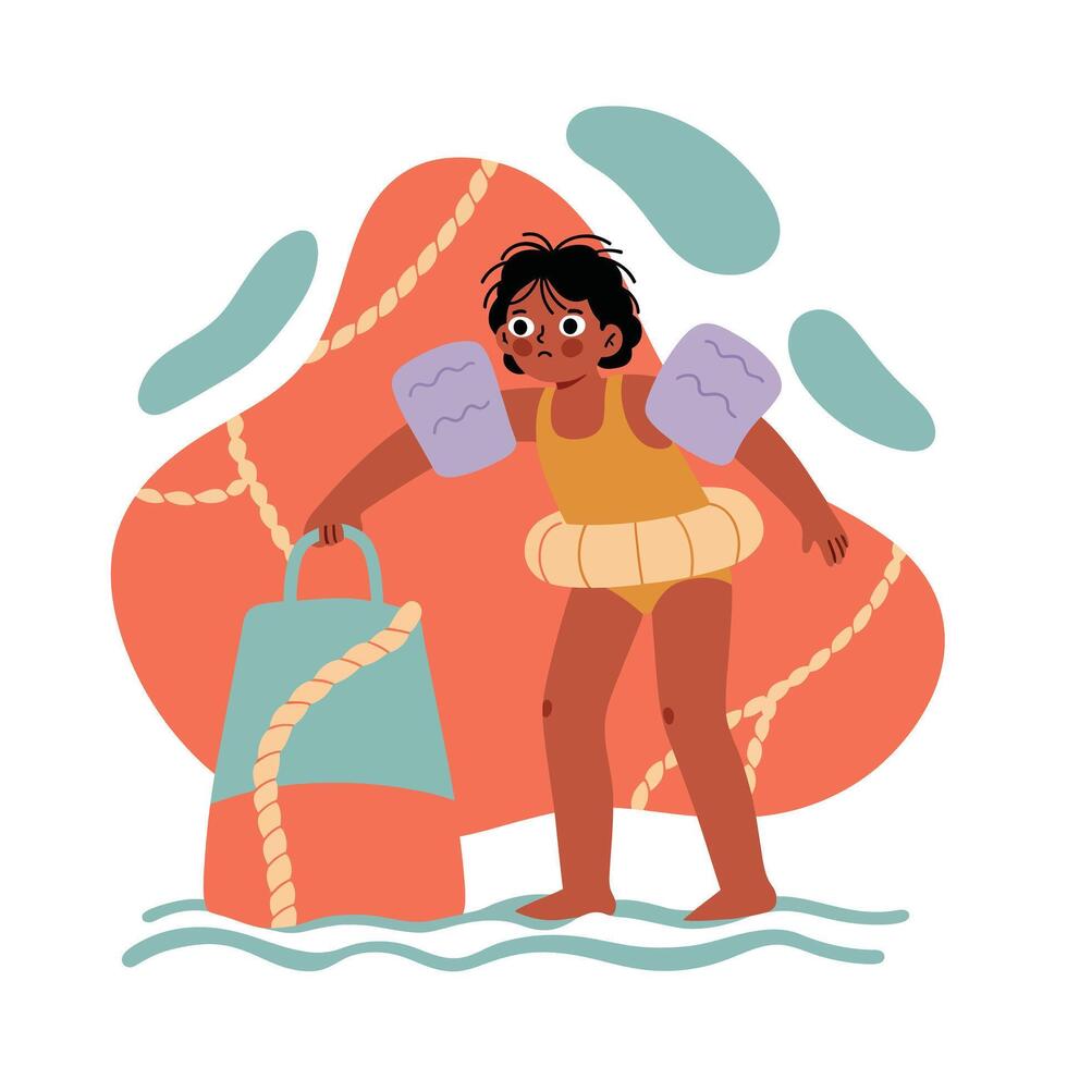 Child Wearing Swim Floaties Learning to Swim in Water with Life Vest and Abstract Background Illustration vector