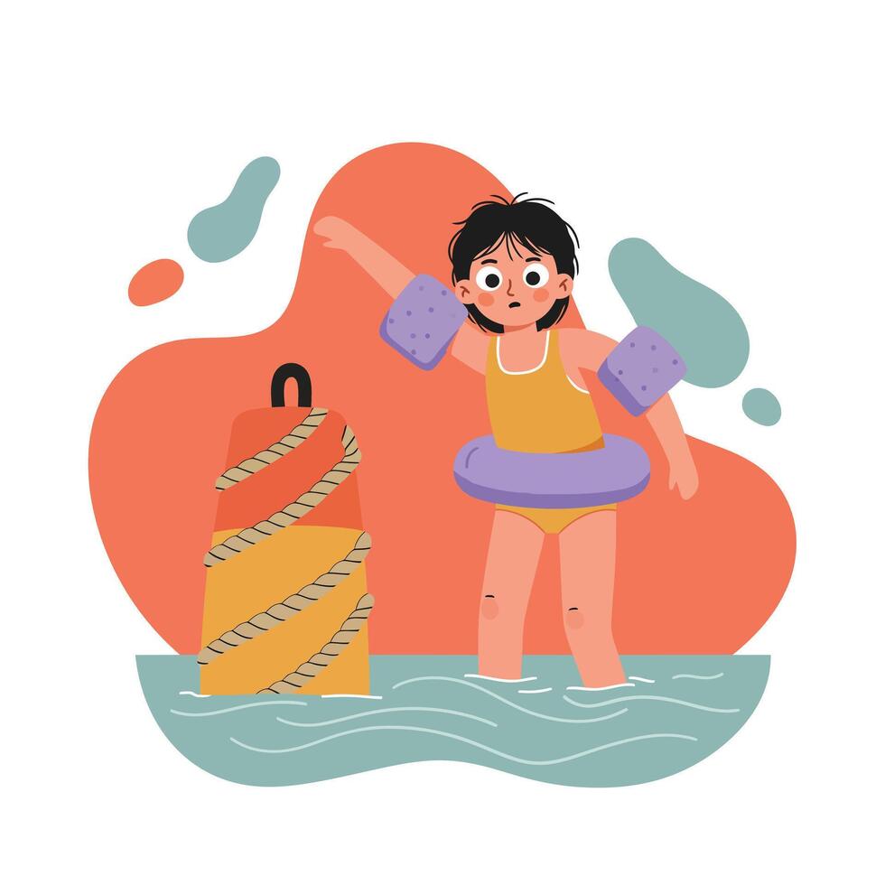 Young girl wearing floaties and swim ring standing in water near buoy with rope in summer scene vector