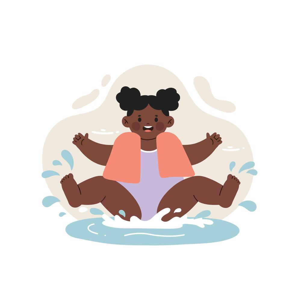 Happy African American toddler splashing water in playful bath time with towel on shoulders and joyful expression vector