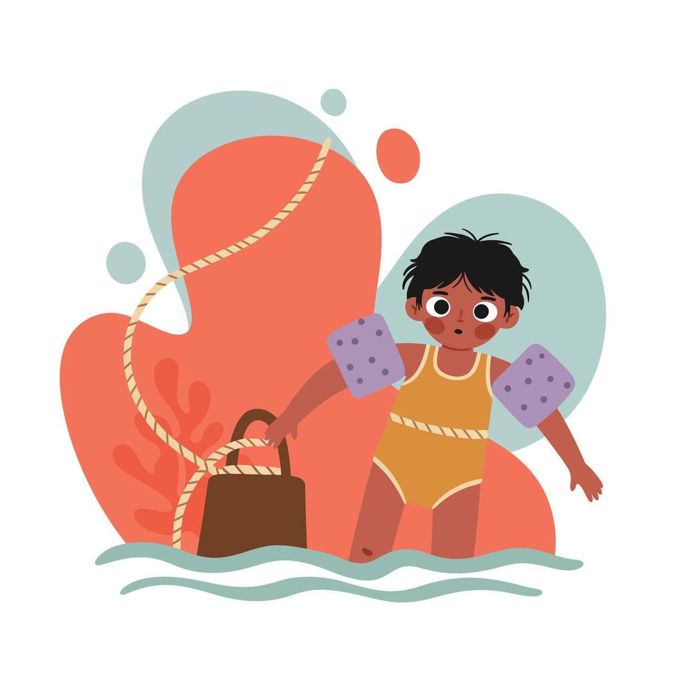 Child wearing yellow swimsuit and purple arm floaties learning to swim in water with lifebuoy and playful background shapes vector