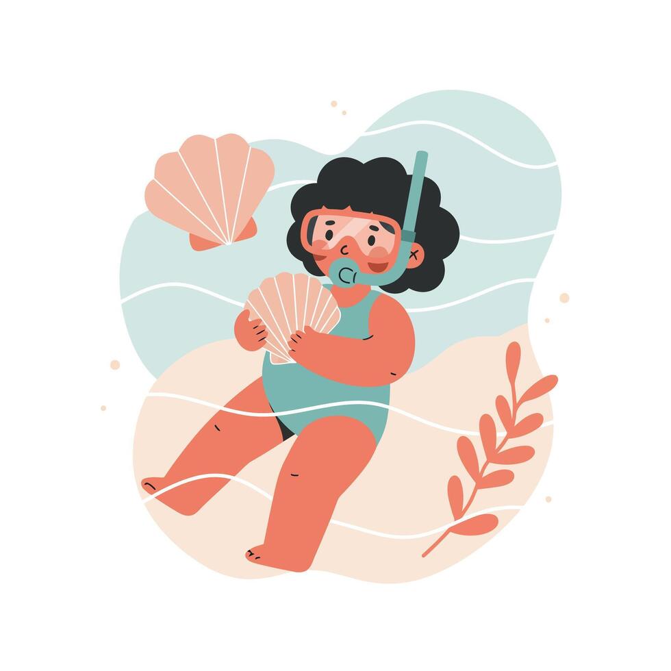 Child snorkeling underwater holding seashells in playful ocean scene with coral and seaweed illustration vector