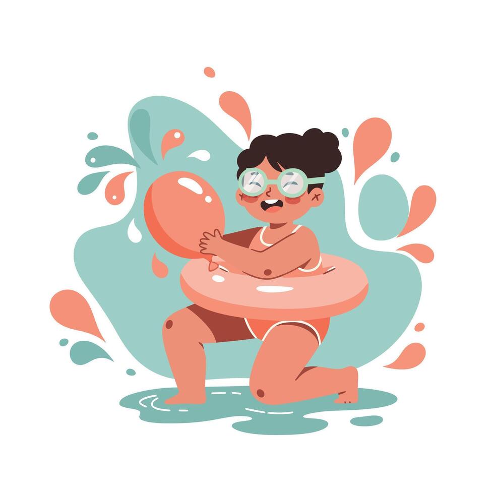 Child playing in water with inflatable ring and glasses summer fun splash illustration vector