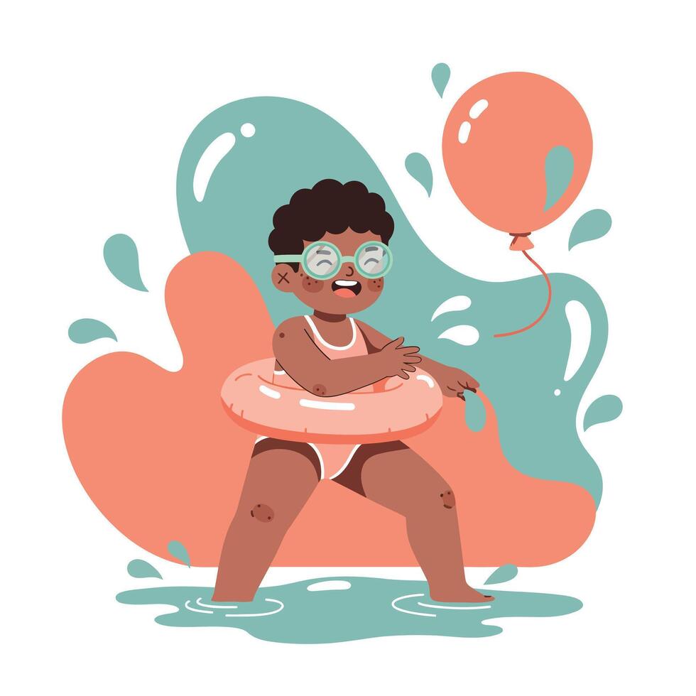 Child playing with swim ring and balloon in water with coral and teal splash background summer fun illustration vector