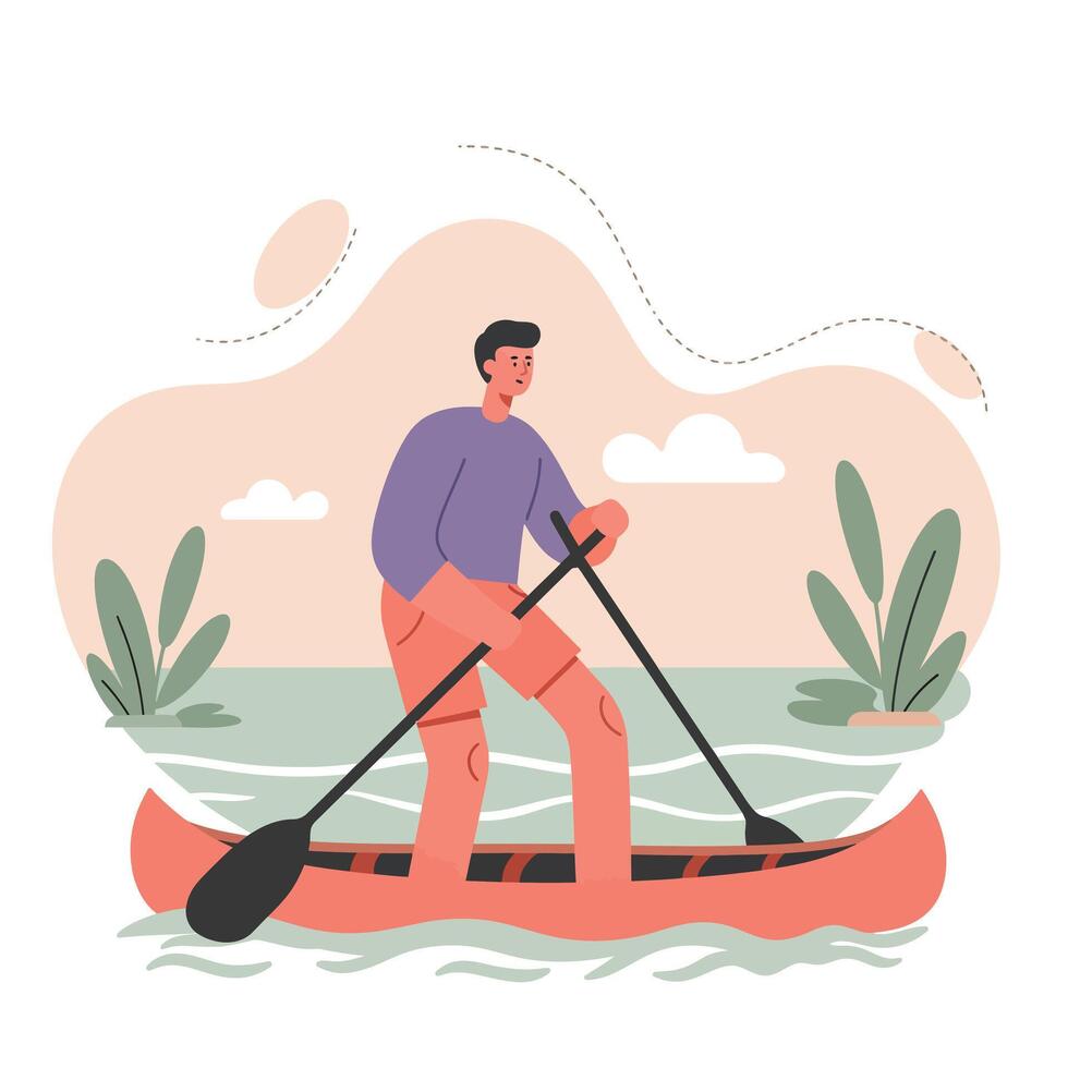 Man paddling canoe on calm water in nature outdoor leisure activity with green plants and cloudy sky background vector