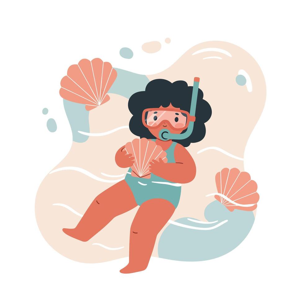Child wearing snorkeling mask holding seashells underwater in abstract ocean scene with coral and bubbles vector