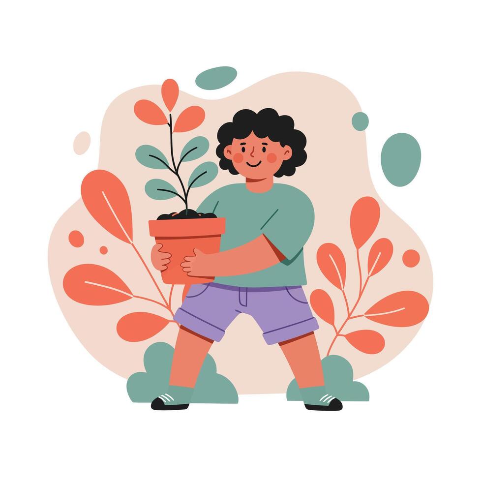 Child holding potted plant with green and orange leaves in casual clothing gardening activity illustration vector