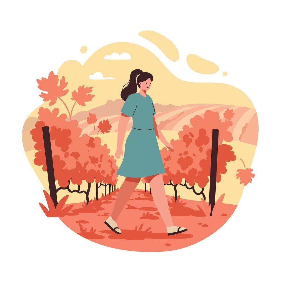 Woman walking through vineyard with orange autumn leaves and yellow sky landscape in warm tones vector