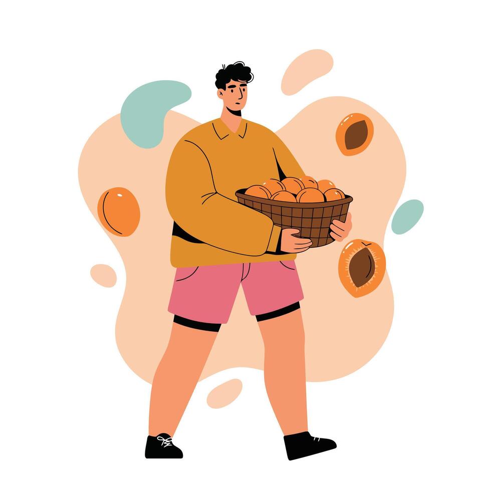 Young man holding basket with apricots standing with colorful abstract background illustration vector