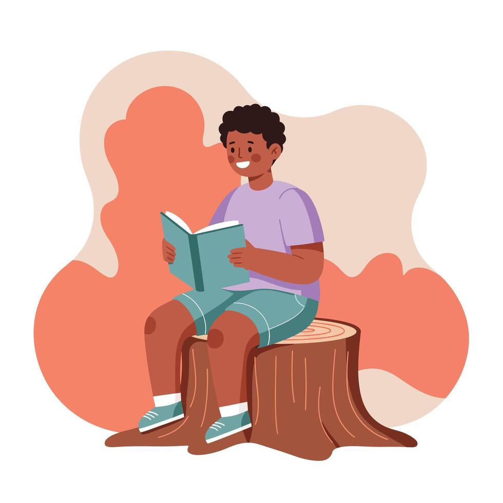 Boy sitting on tree stump reading book in casual outfit with colorful background illustration vector