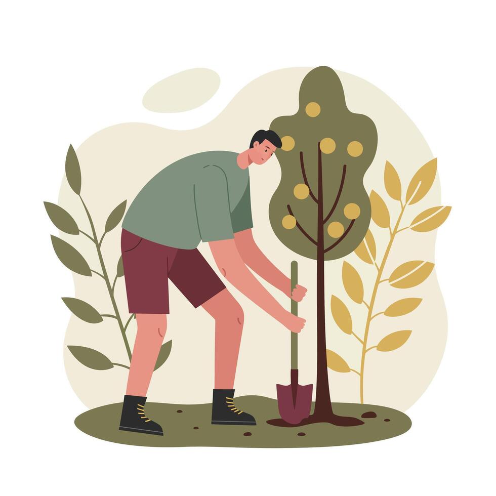 Man Planting Small Tree with Gardening Shovel in Nature Environment with Green and Yellow Leaves vector
