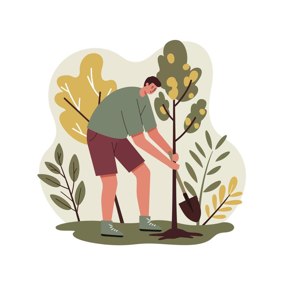 Man planting tree in garden with green and yellow leaves outdoor activity gardening scene vector
