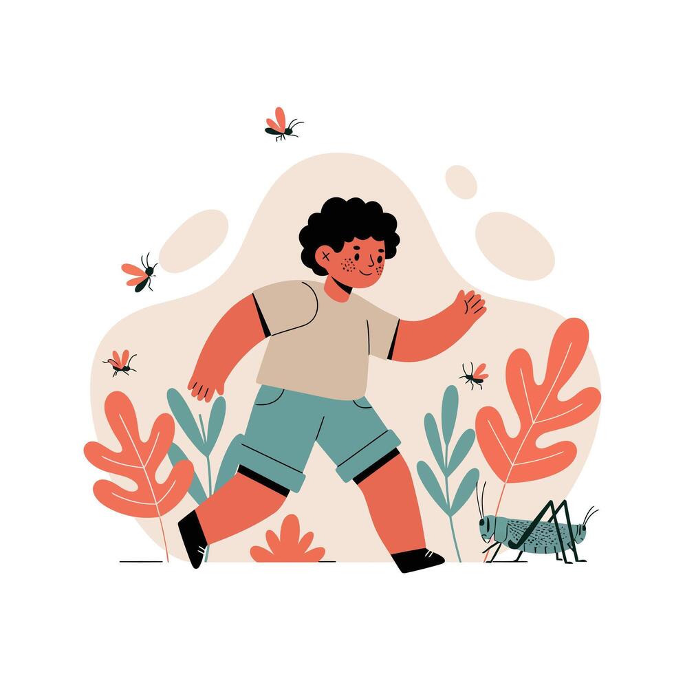 Child walking through plants with grasshopper and insects in nature scene with muted orange and teal tones vector