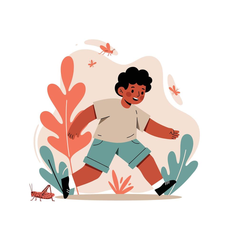 Child walking outdoors enjoying nature with insects and colorful plants illustration vector