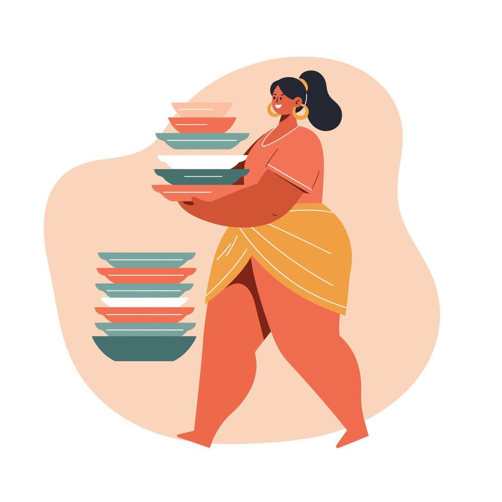 Woman carrying stack of colorful plates balancing dishware in lifestyle illustration with warm tones and modern style vector