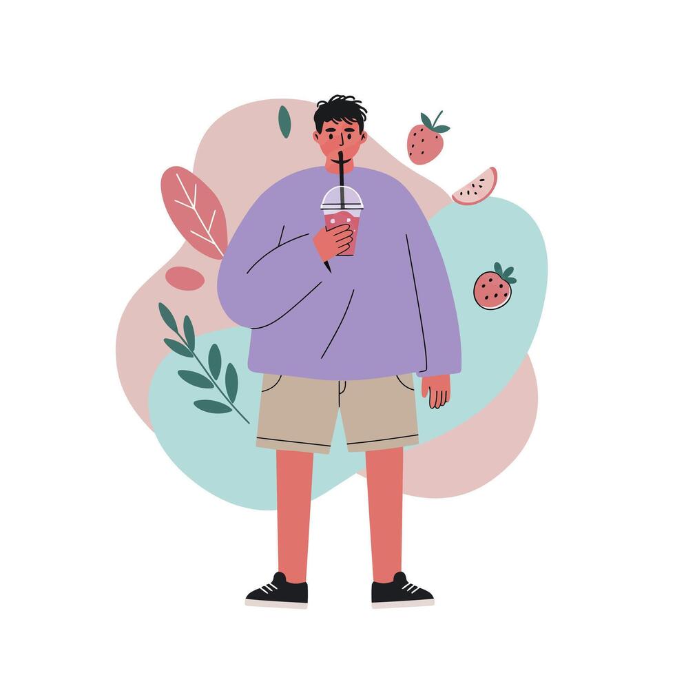 Young man drinking smoothie with strawberries and watermelon slice background in casual outfit illustration vector