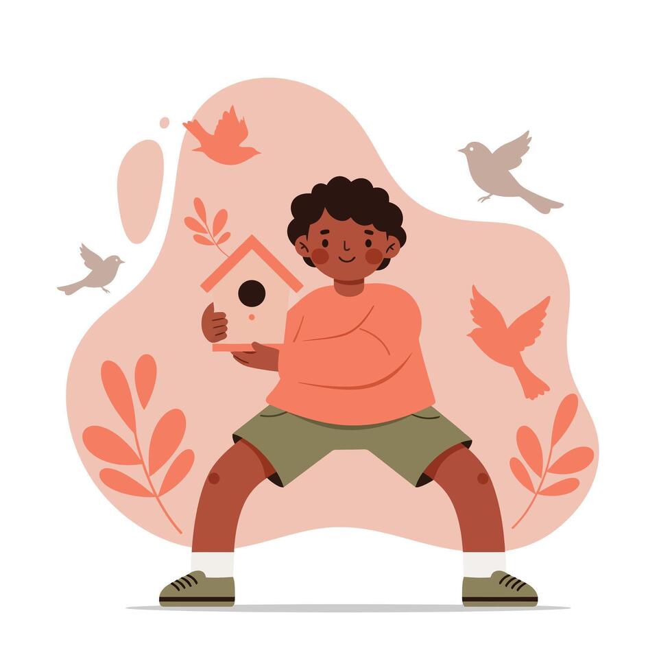 Child holding birdhouse surrounded by flying birds and orange foliage with soft background illustration vector