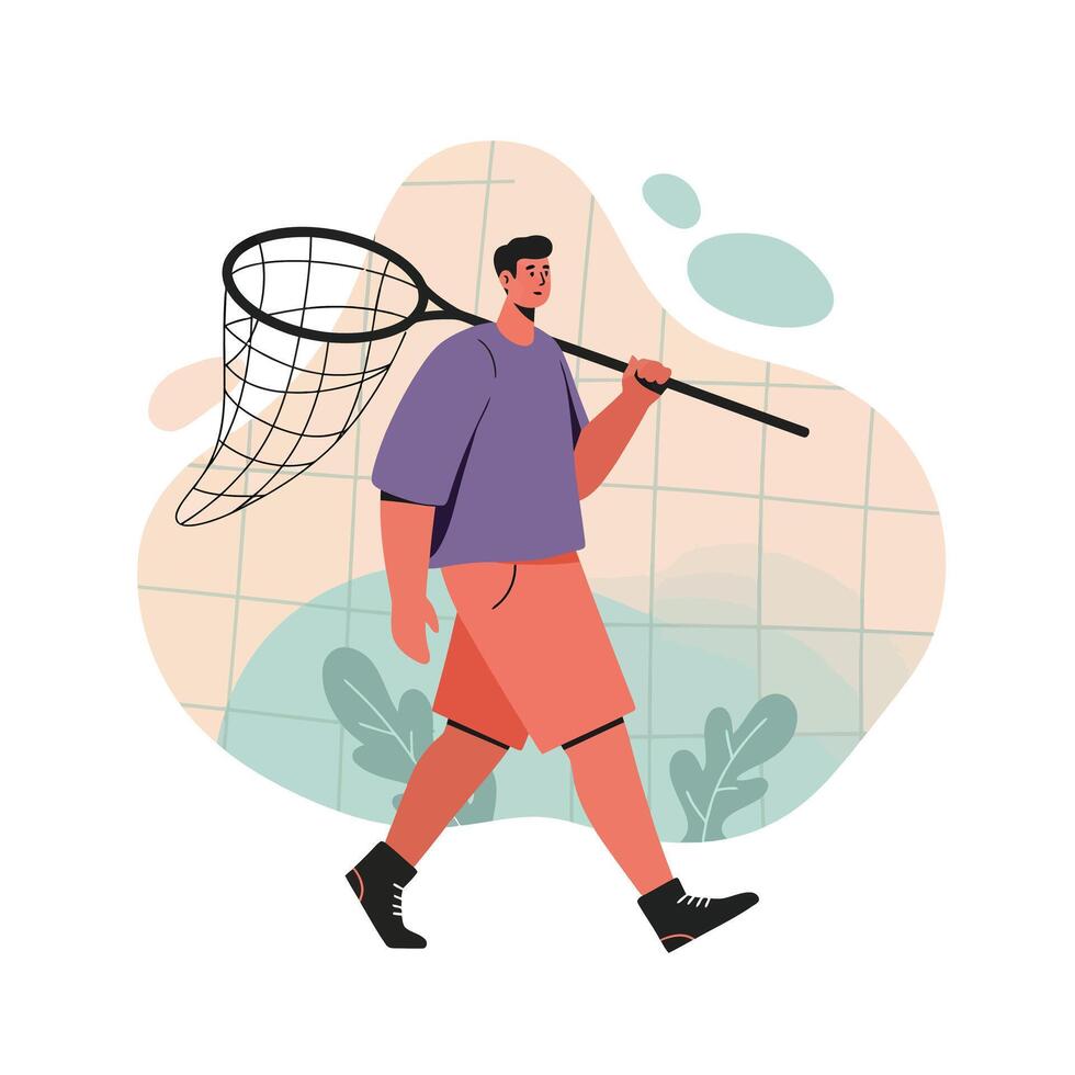 Man walking with butterfly net in casual outfit on abstract background natural leisure activity vector