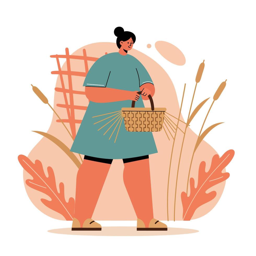 Woman walking with woven basket in nature scene with abstract plants and leaves in warm tones vector