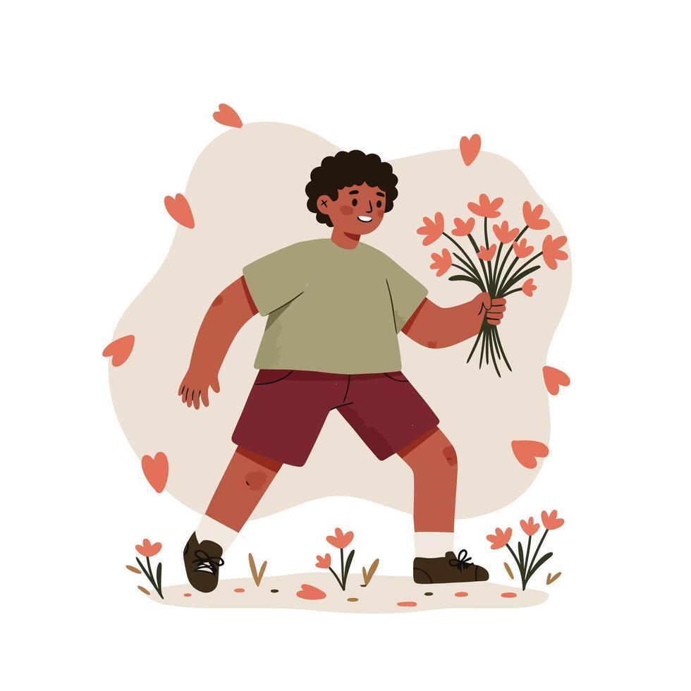 Child holding bouquet of orange flowers walking on grassy field with scattered petals in spring setting vector