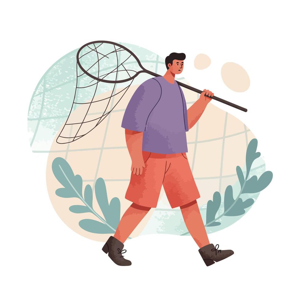 Man walking carrying fishing net outdoors in casual clothes and boots for leisure activity and hobby vector