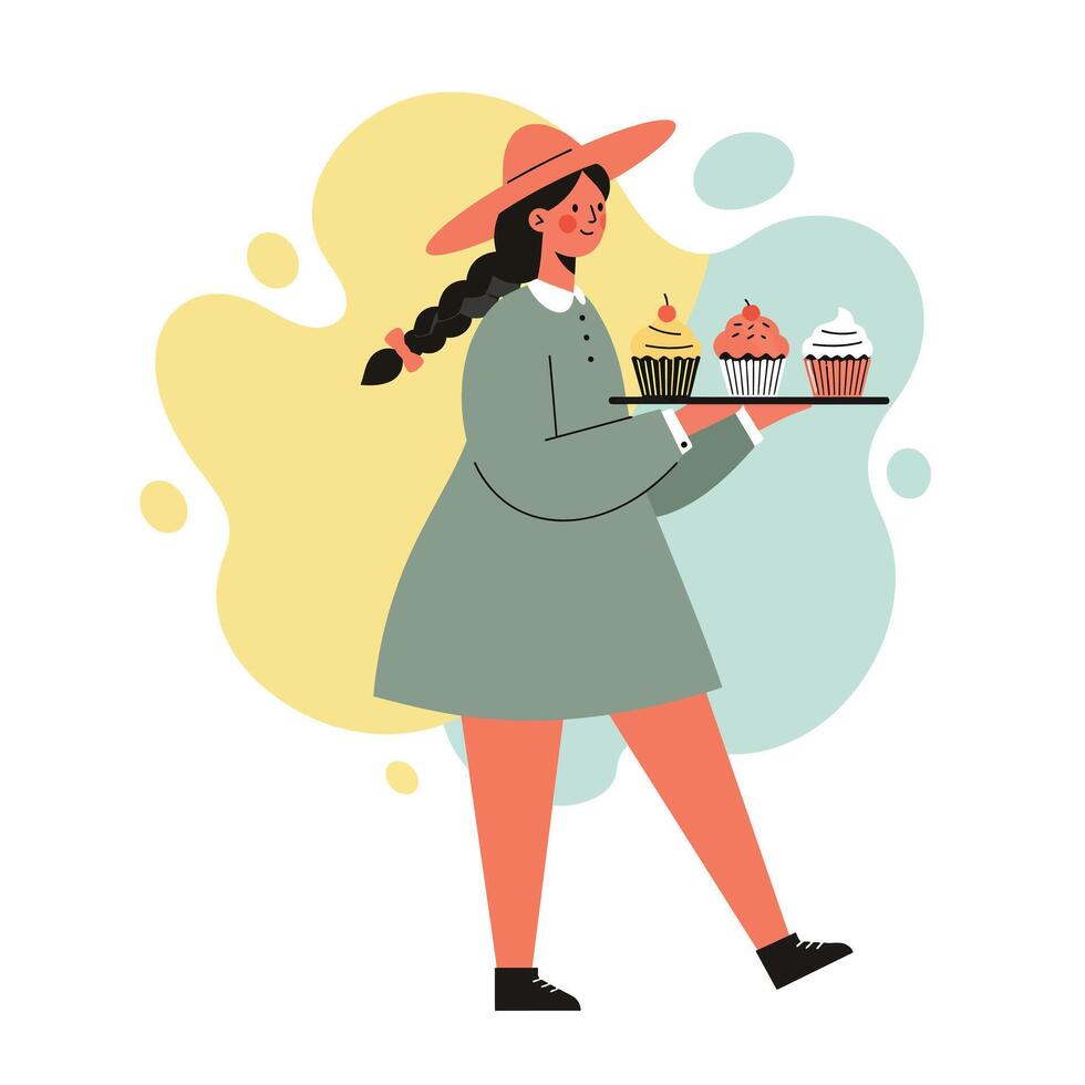 Woman carrying a tray with three cupcakes wearing green dress and red hat in abstract background vector