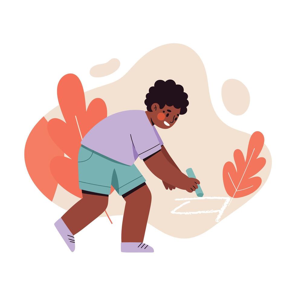 Young Boy Drawing on Ground in Casual Clothes with Abstract Orange Leaves Background vector