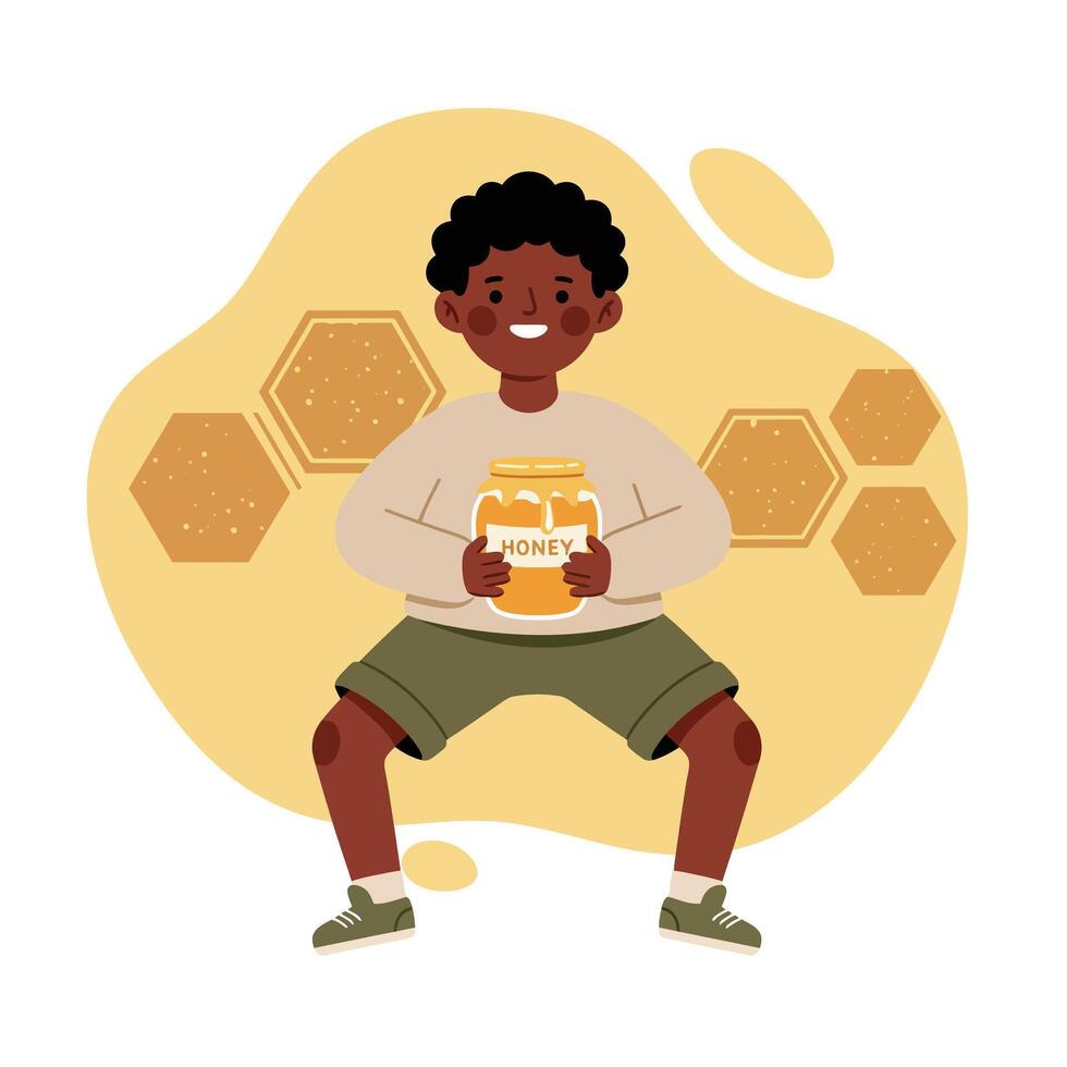 Young boy holding jar of honey with honeycomb shapes in background cheerful and playful illustration vector