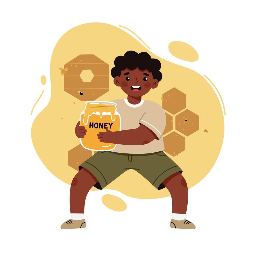 Young boy holding large honey jar with hexagonal honeycomb background and yellow tones natural flow vector