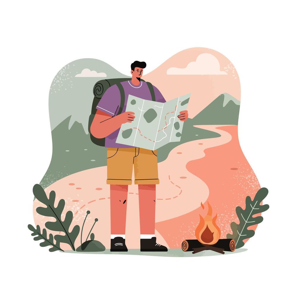 Male hiker exploring wilderness with map and backpack near campfire on mountain trail in nature scenery vector