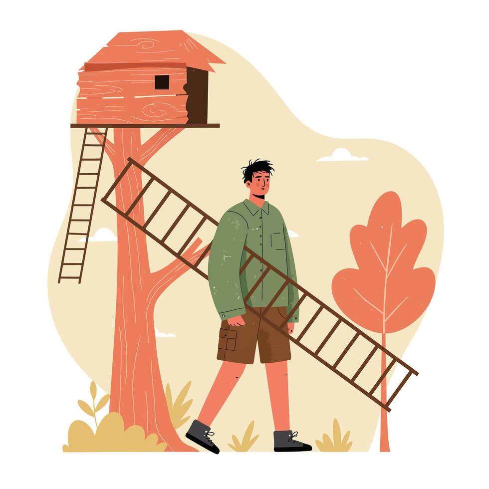 Man carrying wooden ladder near treehouse in autumn park with orange leaves calm outdoor scene vector