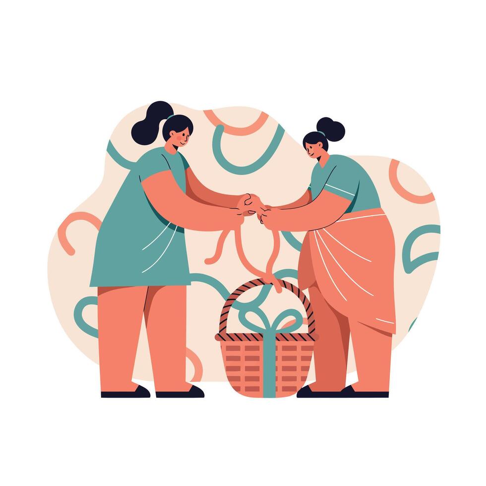 Two women holding hands in warm gesture with gift basket in between in abstract background illustration vector