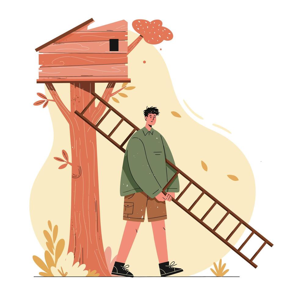 Person carrying wooden ladder near treehouse in autumn outdoor setting with beige background illustration vector