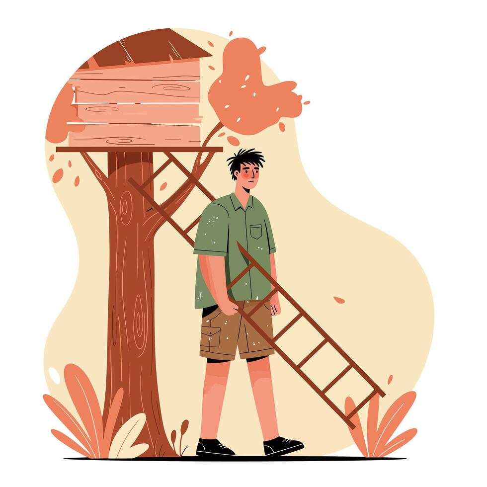 Young man standing near wooden treehouse with ladder in autumn scene natural outdoor activity vector
