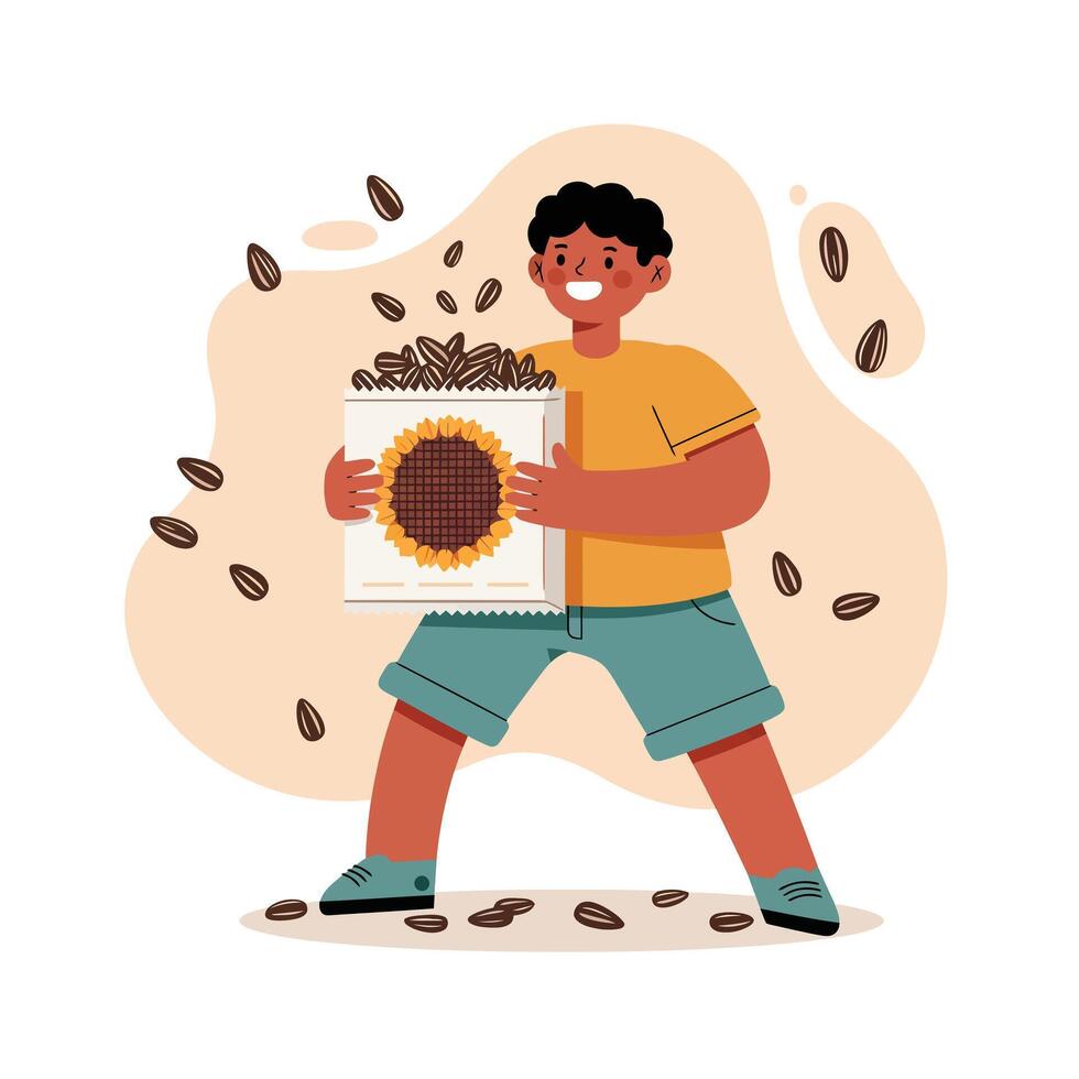 Boy carrying large sunflower seed packet with scattered seeds around cheerful expression casual clothes vector