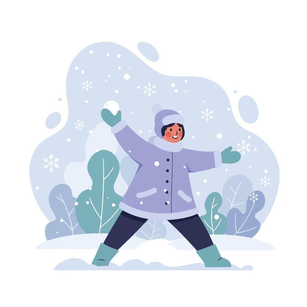 Child playing in snowy winter landscape with coat and mittens enjoying outdoors fun and snowflakes falling vector