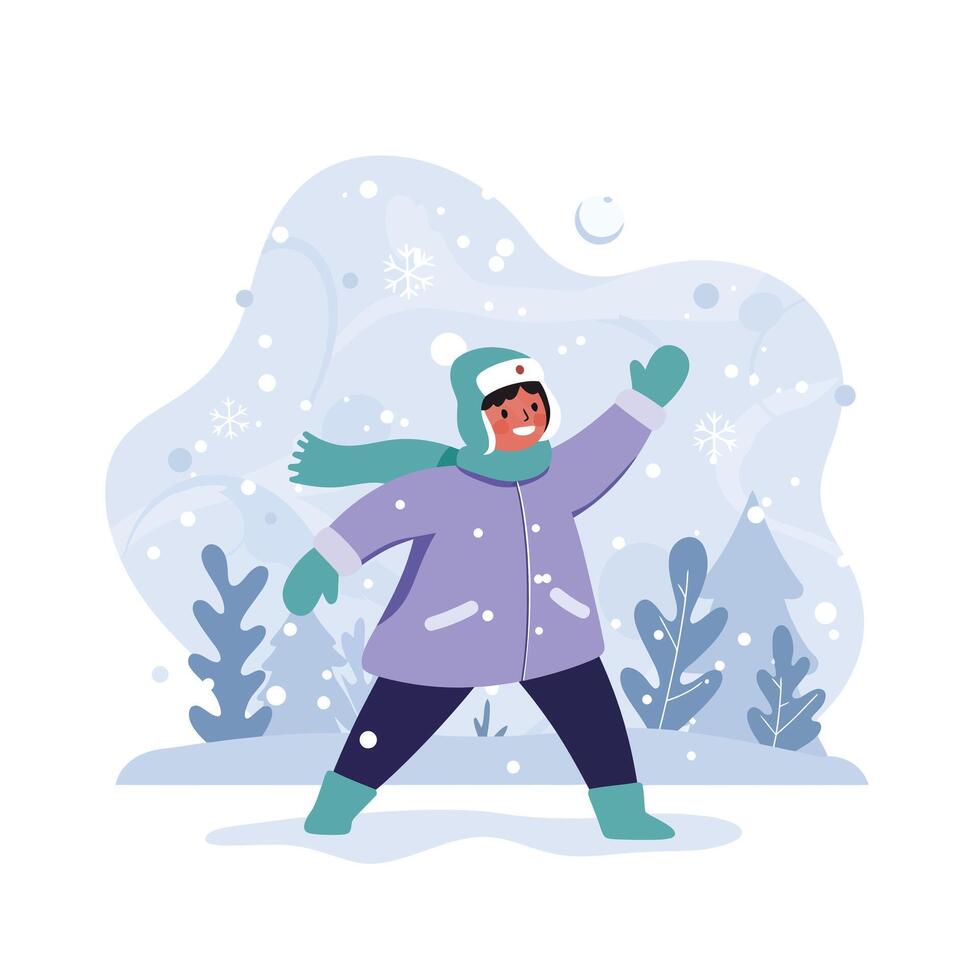 Child enjoying winter snowball fight outdoors with purple jacket teal scarf and mittens in snowy landscape vector