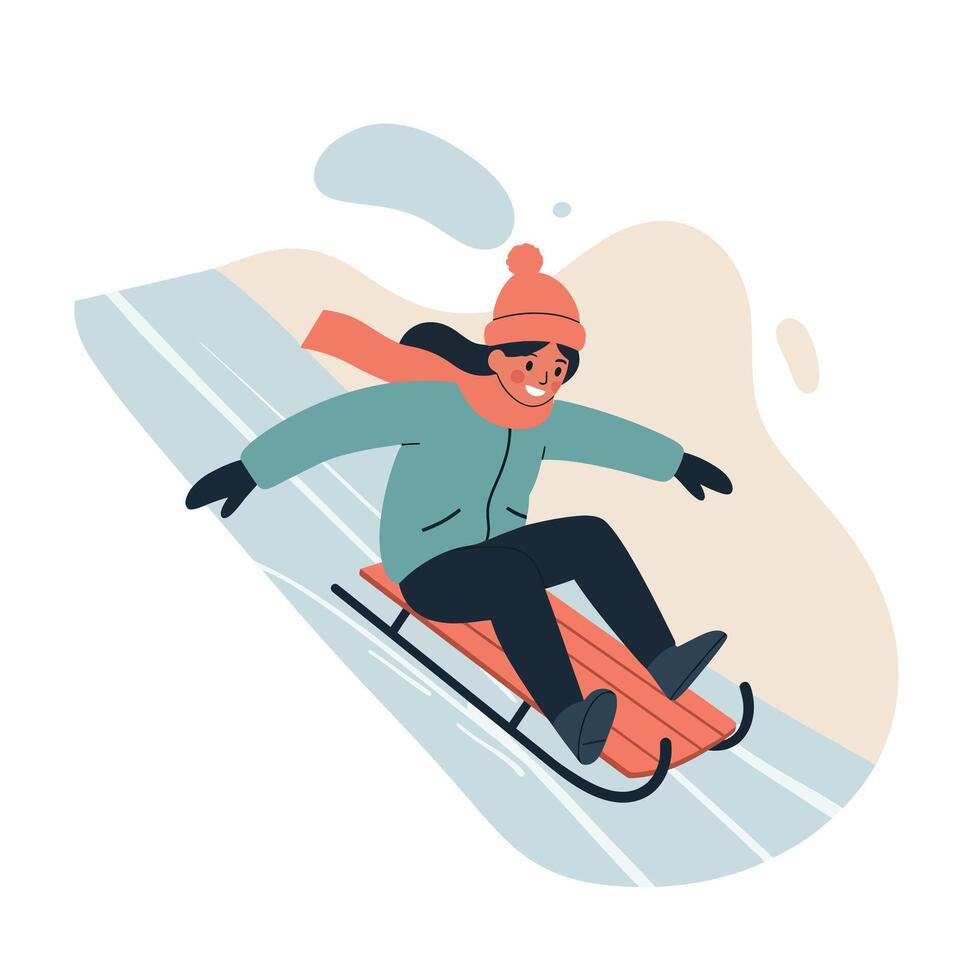 Child enjoying winter sledding activity wearing warm clothes and a red hat in snowy landscape vector