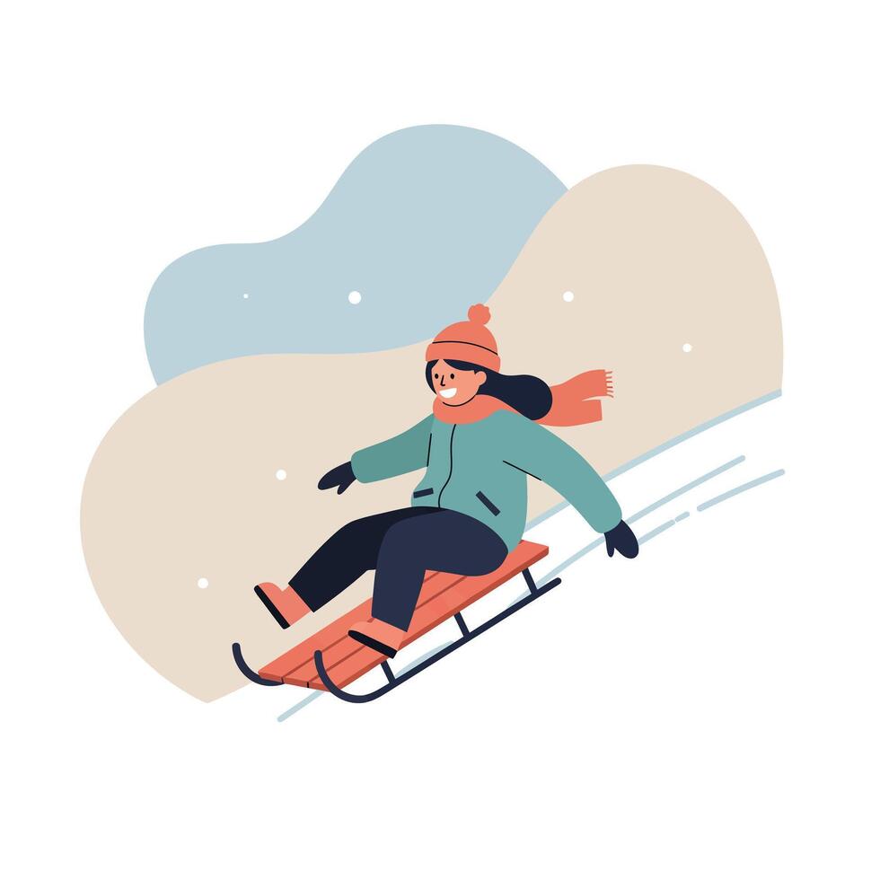 Child enjoying winter sledding activity dressed in warm clothes and scarf on snowy day vector