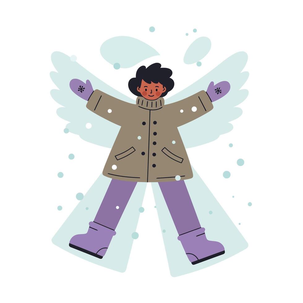 Child making snow angel in winter coat and purple boots outdoor playful activity in snow-covered area vector