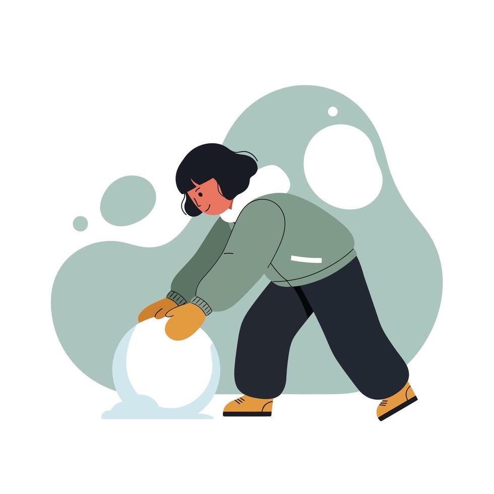 Child rolling snowball winter activity in casual coat and boots outdoor scene with green background vector