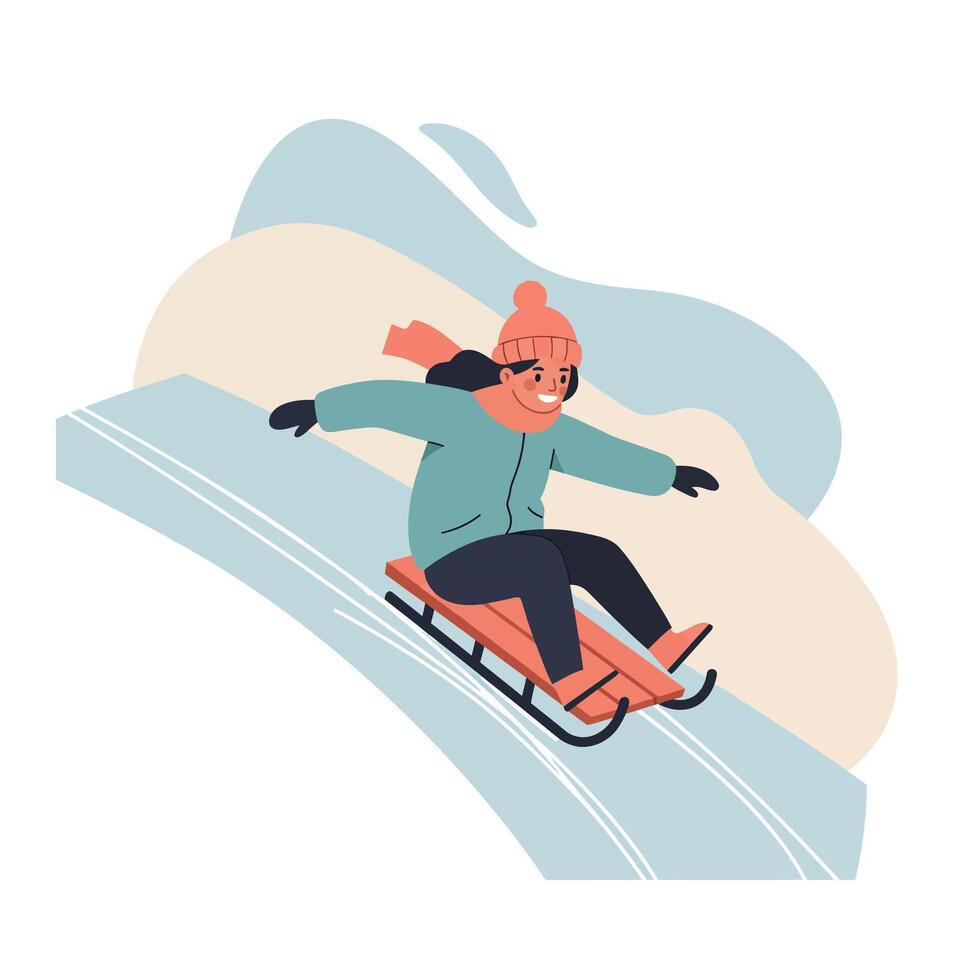 Person sledding down snowy hill wearing winter jacket and hat enjoying outdoor winter activity vector