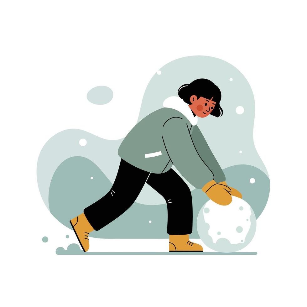 Child in winter jacket rolling snowball for snowman building in snowy weather outdoor activity vector
