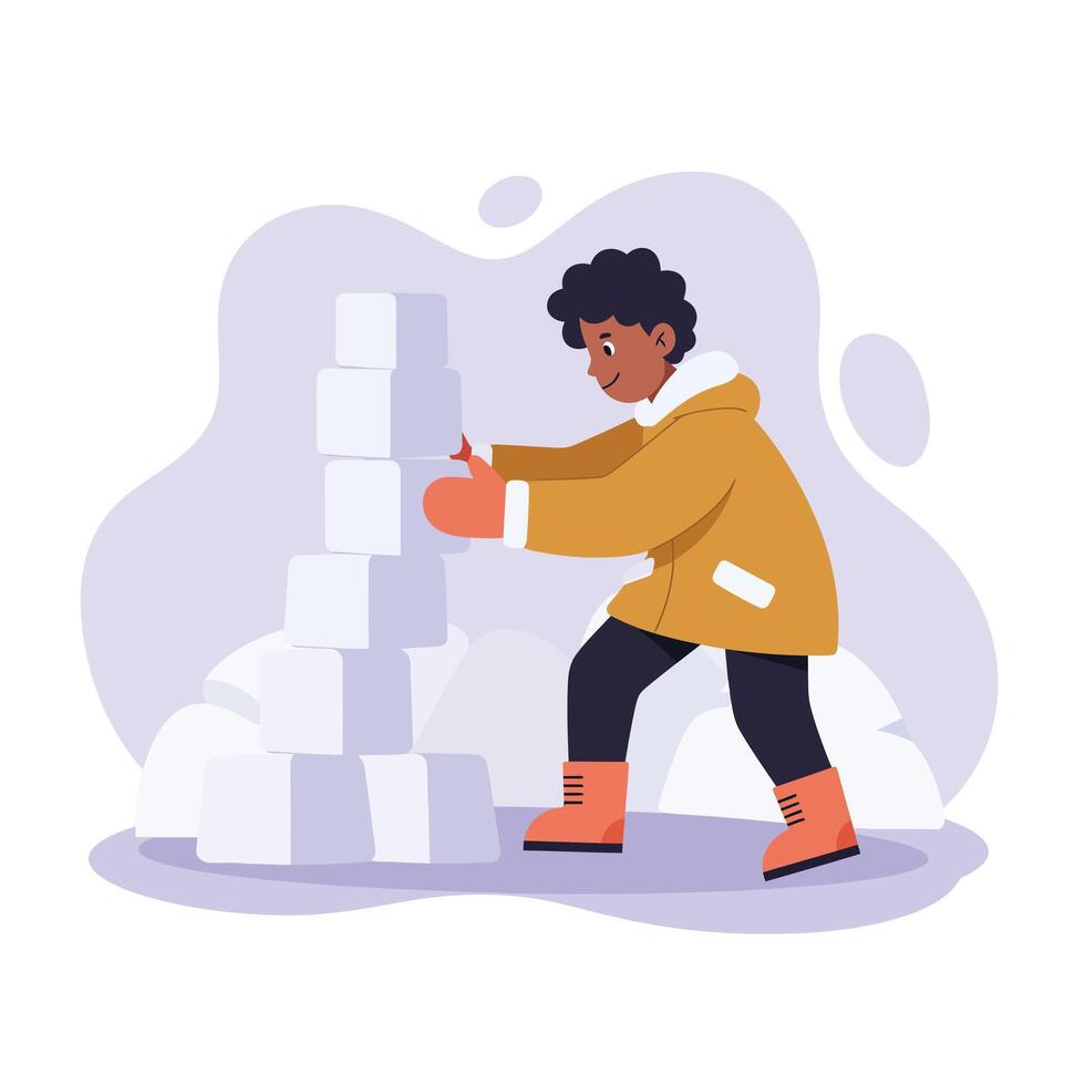 Child building large tower with white blocks in casual winter clothing and boots indoors creative play activity vector