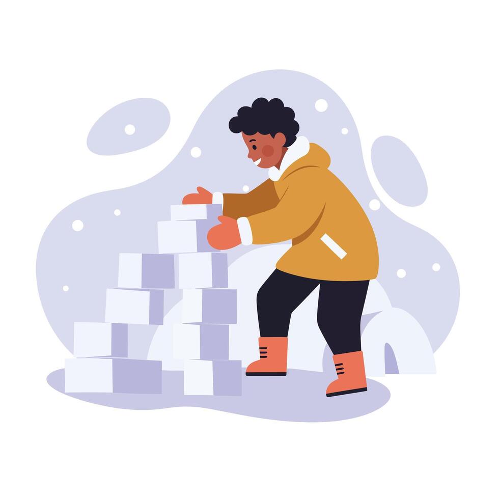 Child building white snow blocks winter activity with orange boots and brown jacket outdoor play vector
