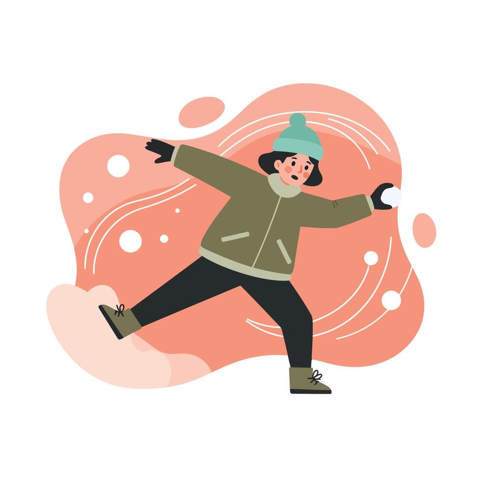 Child playing outdoors winter snow wearing green jacket and teal hat in cold weather activity illustration vector