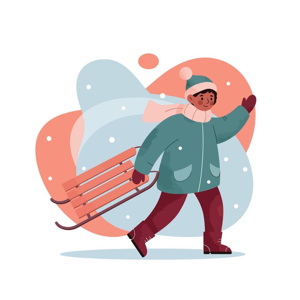 Child carrying sled dressed in warm winter clothes walking outdoors in cold snowy weather illustration vector