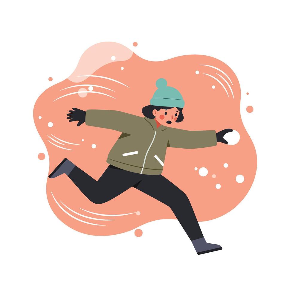 Child running fast in winter clothes with green beanie and brown jacket on abstract orange background illustration vector