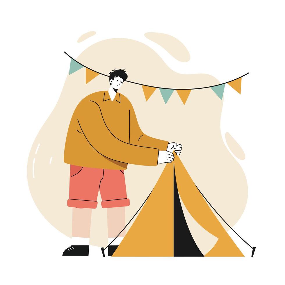 Man setting up orange camping tent with colorful flags in casual outdoor scene illustration vector