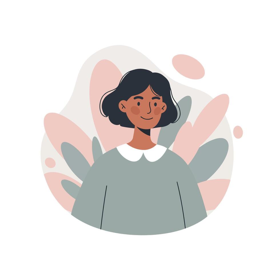 Smiling woman with short black hair and green sweater in abstract pastel background digital illustration vector